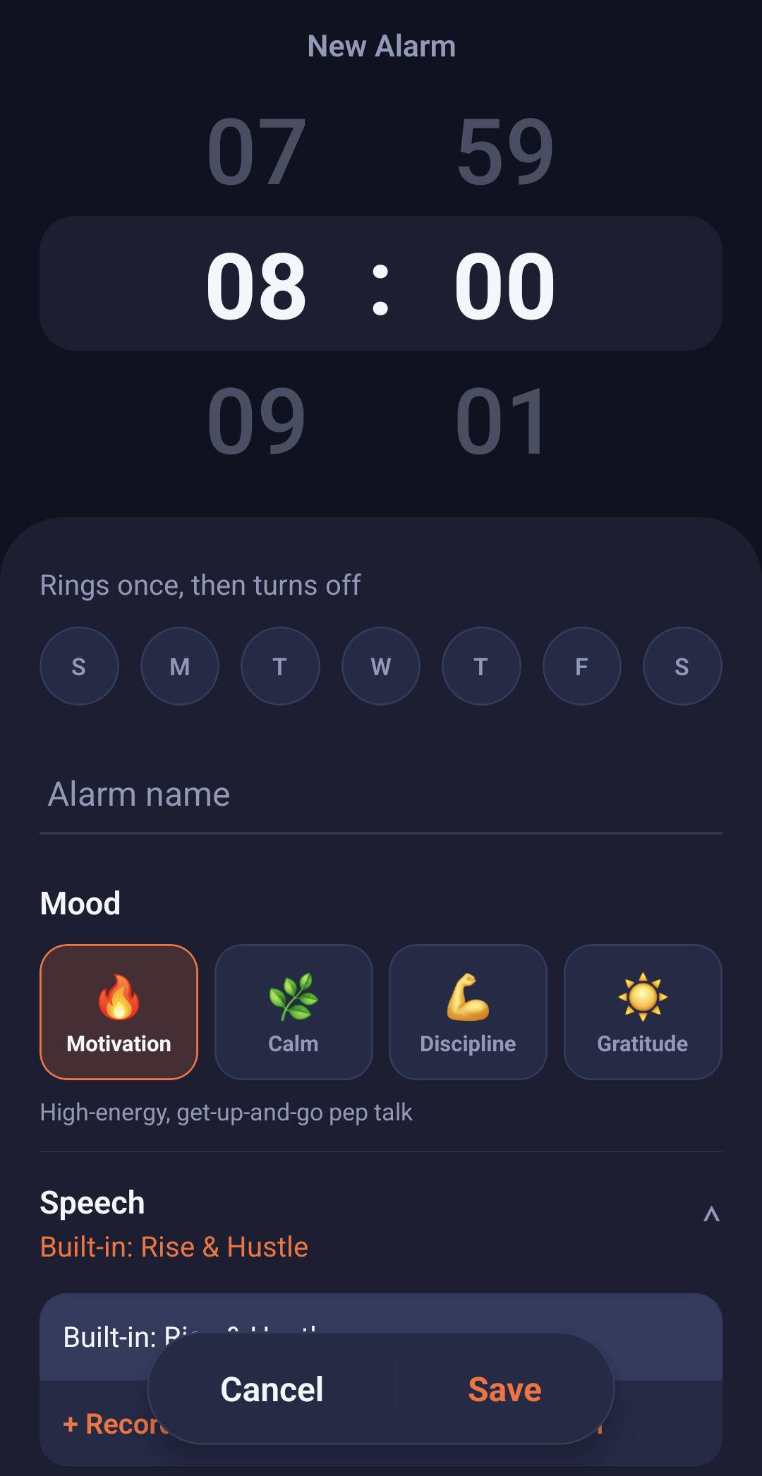 The new alarm screen: scrolling hour and minute wheels, the days of the week, a name and four moods.