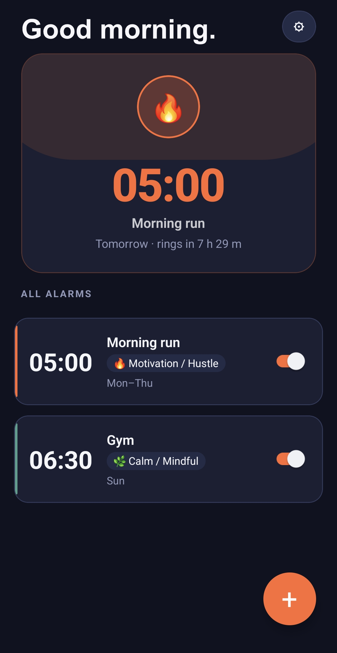 The home screen: the next alarm and its countdown, and a list of alarms with their moods.