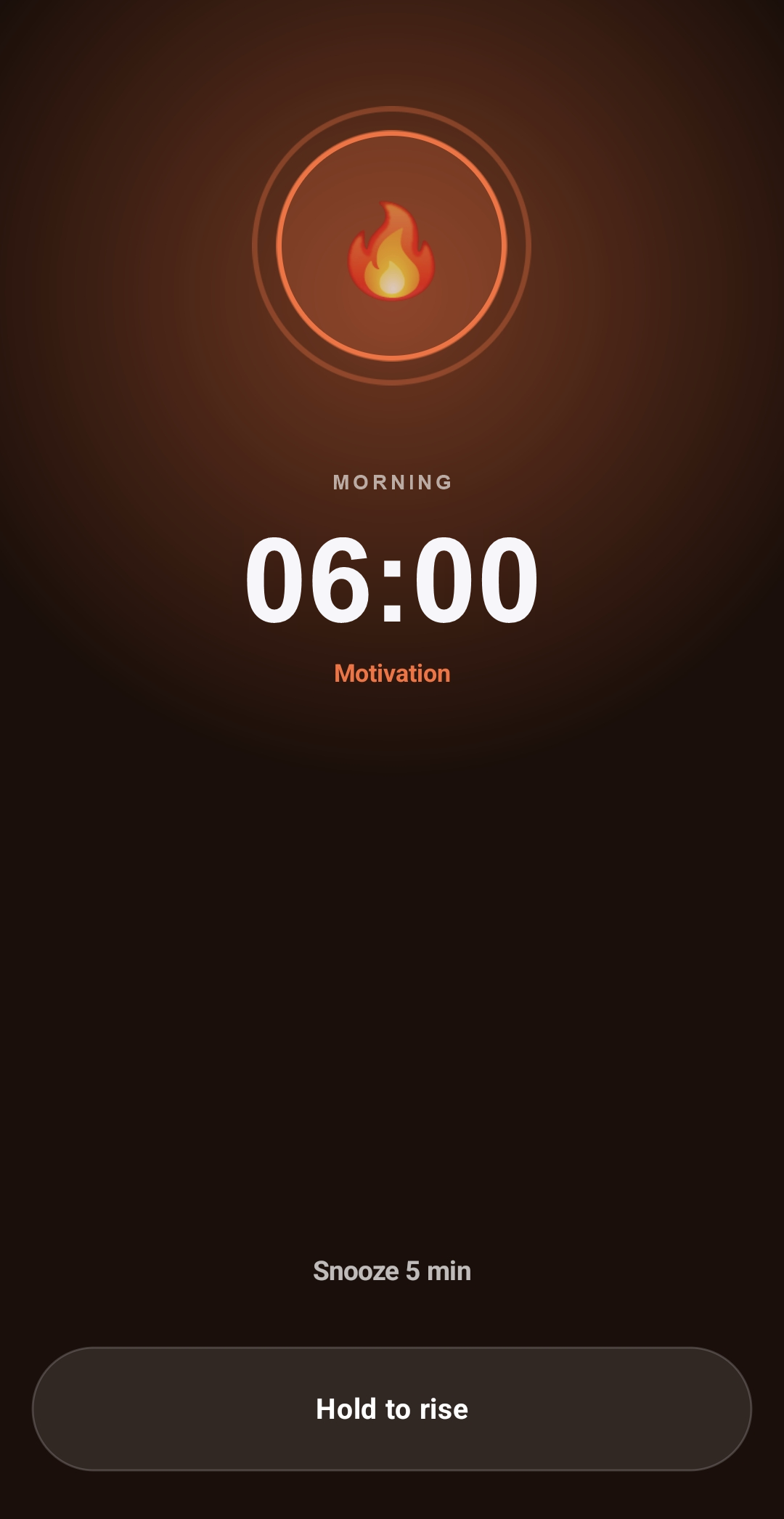 The RiseUp Today alarm screen: a large time, the mood, a Snooze option and a Hold to rise button.